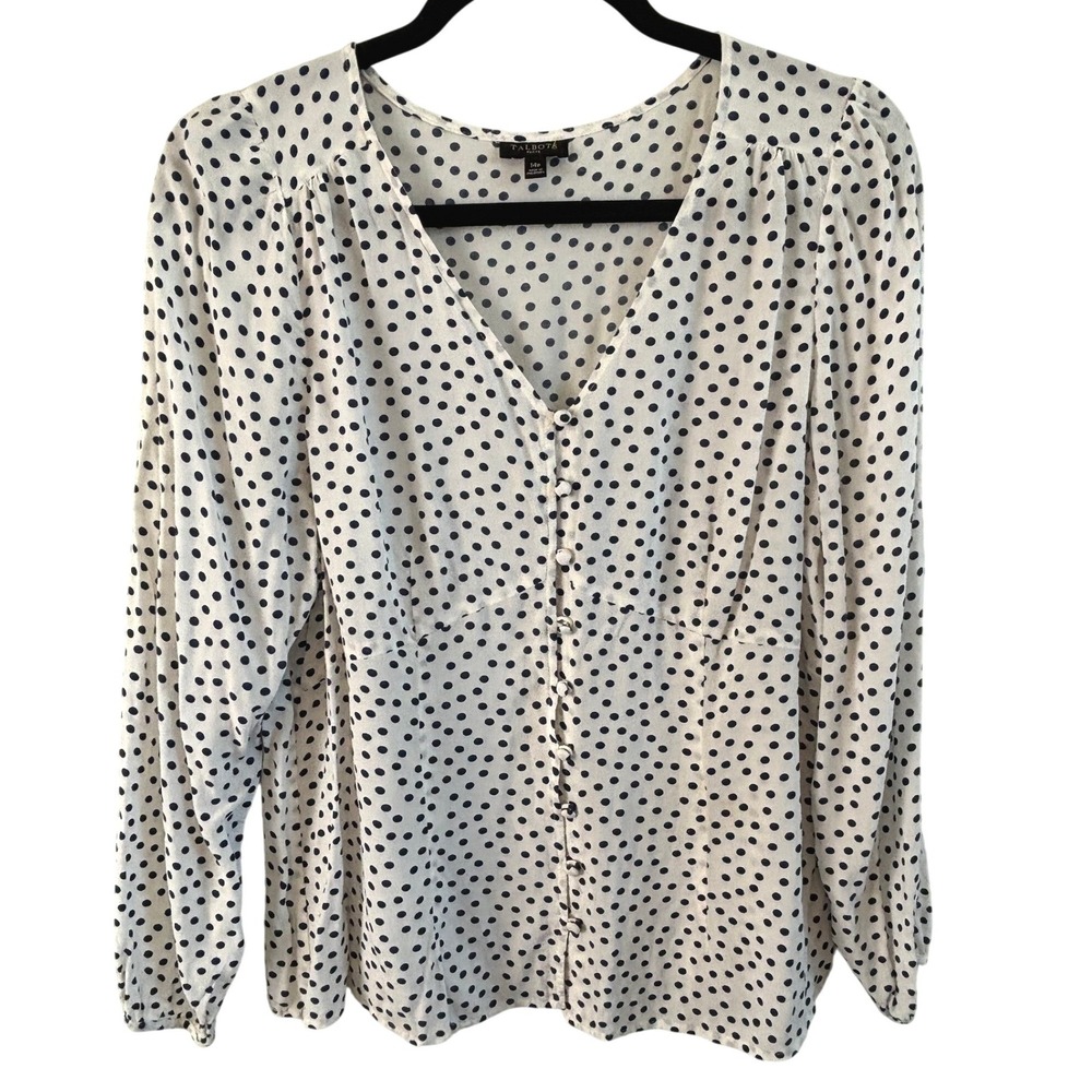 Talbots Polka Dot Blouse Navy White Womens 14P Button Front Long Sleeve V-Neck
